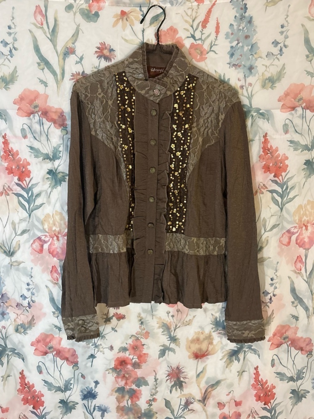Vintage Brown Lace-Trim Button Front Jacket with Beaded Accents